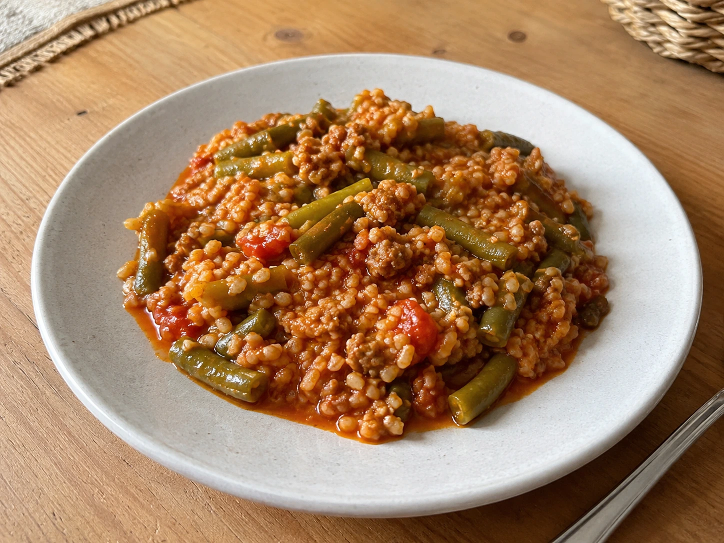 Egyedényes darált sertéshús, zöldbab és bulgur paradicsomos módra tálalva