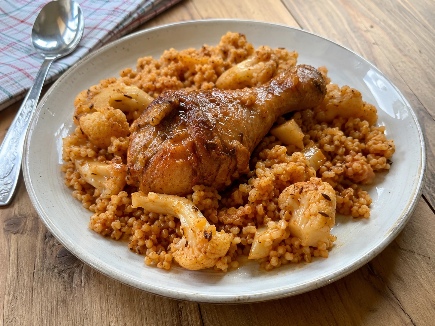 Egyedényes pulykacomb, karfiol és bulgur köményes módra tálalva