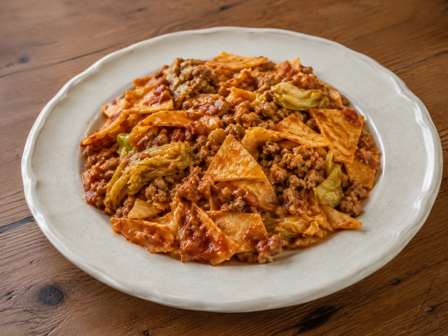 Tortilla darált sertéshús paradicsomosan kelkáposztával tálalva