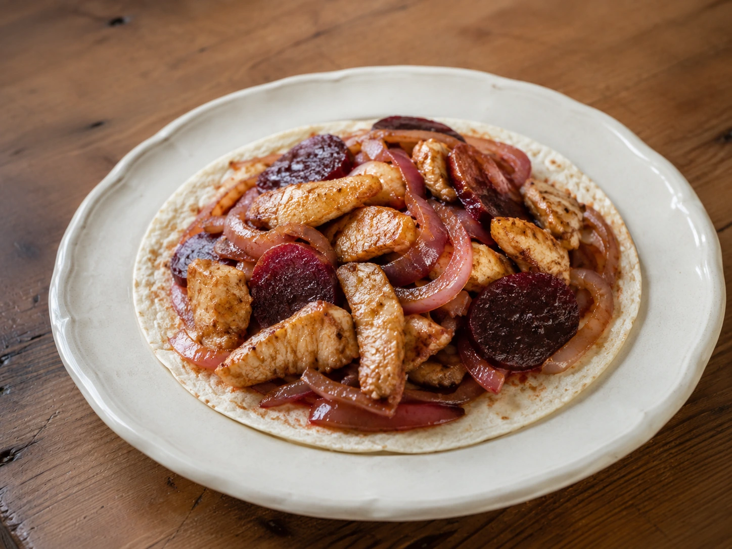 Tortilla pulykacomb hagymásan céklával tálalva